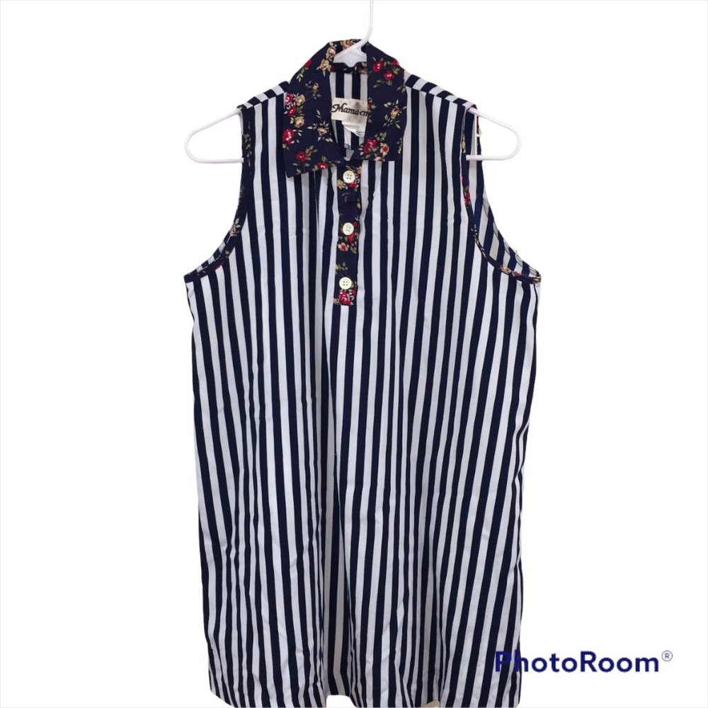 Mama Mia Vintage Women's Sleeveless Striped Collared Top sz L Blue White Floral